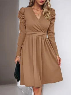 Women's Casual Dress Plain Dress Empire Waist Dresses Midi Dress Ruched Outdoor Daily Holiday Fashion Modern V Neck Long Sleeve 2023 Regular Fit Black Green Khaki Color S M L XL Size