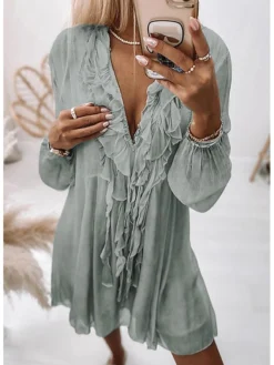Women's Chiffon Dress Knee Length Dress Pink Gray Long Sleeve Solid Color Ruffle Summer Spring V Neck Casual Winter Dress Fall Dress 2023 S M L XL XXL -HANs Plus Size Style Shop evzhnl1624862943743