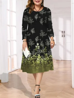 Women's Plus Size Curve Casual Dress Skater Dress A Line Dress Leaf Gradient Midi Dress Long Sleeve Print Crew Neck Fashion Outdoor Deep Purple Deep Green Fall Winter L XL XXL 3XL 4XL -HANs Plus Size Style Shop ewaiyn1695713743474