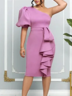 Women‘s Plus Size Curve Party Dress Solid Color One Shoulder Ruffle Short Sleeve Spring Fall Prom Dress Midi Dress Casual Daily Dress -HANs Plus Size Style Shop ewdsip1657187568042