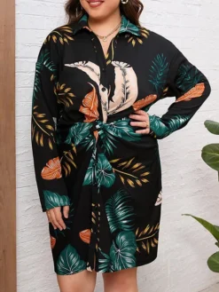 Women's Plus Size Shirt Dress Casual Dress Midi Dress Outdoor Daily Vacation Polyester Fashion Casual Shirt Collar Lace Up Button Long Sleeve Fall Winter 2023 Regular Fit Black Leaf L XL 2XL 3XL 4XL -HANs Plus Size Style Shop ewozpq1693535892606