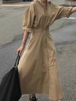 Women's Shirt Dress Casual Dress Maxi Long Dress Outdoor Daily Vacation Cotton Basic Classic Shirt Collar Button Long Sleeve Summer Spring Fall 2023 Loose Fit Black Sky Blue Khaki Pure Color S M L XL -HANs Plus Size Style Shop ewvovj1680164637429