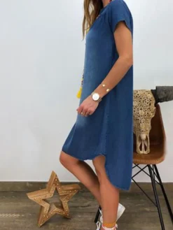 Women's Denim Dress Casual Dress Midi Dress Denim Fashion Casual Outdoor Vacation V Neck Asymmetric Short Sleeve Summer Spring Fall 2023 Loose Fit Black Navy Blue Sky Blue Plain S M L XL 2XL -HANs Plus Size Style Shop ewzkee1677136741385