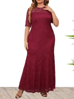 Women's Plus Size Curve Party Dress Lace Dress Sheath Dress Solid Color Long Dress Maxi Dress Half Sleeve Ruched Patchwork Crew Neck Fashion Wedding Wine Deep Blue Spring Fall XL XXL 3XL 4XL 5XL