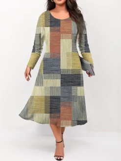 Women's Plus Size Curve Casual Dress Skater Dress A Line Dress Geometric Plaid Midi Dress Long Sleeve Print Crew Neck Fashion Outdoor Yellow Orange Fall Winter L XL XXL 3XL 4XL