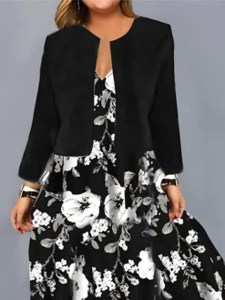 Women‘s Plus Size Curve Two Piece Dress Set Casual Dress Chiffon Dress Outdoor Daily Fashion Elegant Print Long Dress Maxi Dress V Neck Long Sleeve Floral Regular Fit Black Summer Spring -HANs Plus Size Style Shop exdjgd1690946619923