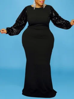 Women‘s Plus Size Curve Party Dress Solid Color Crew Neck Sequins Long Sleeve Fall Winter Sequins Prom Dress Maxi Long Dress Party Vacation Dress Sequin Dress