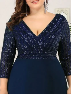 Women's Plus Size Curve Party Dress Sequin Dress Chiffon Dress Plain Long Dress Maxi Dress 3/4 Length Sleeve Patchwork V Neck Fashion Party Navy Blue Fall Winter L XL XXL 3XL 4XL -HANs Plus Size Style Shop exstpw1697193156779