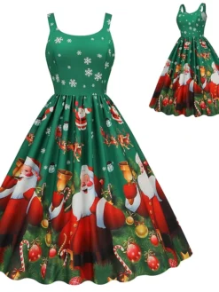 Women's Christmas Casual Dress Swing Dress Midi Dress Green Blue Sleeveless Santa Claus Print Winter Fall Spaghetti Strap Vacation Vintage 2022 S M L XL XXL / Slip Dress -HANs Plus Size Style Shop eydgkd1668084366903