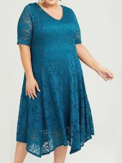 Women's Plus Size Curve Party Dress Lace Dress Cocktail Dress Midi Dress Blue Purple Half Sleeve Pure Color Lace Summer Spring Fall V Neck Fashion Birthday Wedding Guest Vacation 2023 XL XXL 3XL -HANs Plus Size Style Shop eydwof1692156270979
