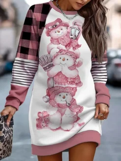 Women's Casual Dress Sweatshirt Dress Mini Dress Warm Fashion Outdoor Christmas Vacation Crew Neck Print Animal Striped Regular Fit Pink Blue Purple S M L XL XXL -HANs Plus Size Style Shop eyhrsa1696757278745