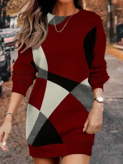 Women's Sweatshirt Dress Casual Dress Mini Dress Warm Fashion Outdoor Vacation Going Out Crew Neck Print Geometric Regular Fit Black Wine Navy Blue S M L XL XXL