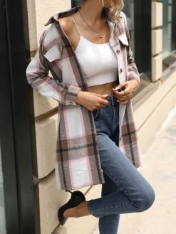 Women's Casual Dress Winter Dress Plaid Dress Mini Dress Lace Up Pocket Street Holiday Vacation Fashion Streetwear Shirt Collar Long Sleeve 2023 Loose Fit Light Pink Black Yellow Color S M L XL Size -HANs Plus Size Style Shop eypbib1692687498550