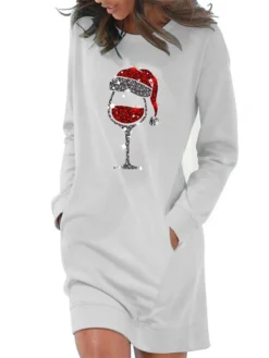 Women's Casual Dress Sweatshirt Dress Shift Dress Mini Dress Light Blue White Grey Long Sleeve Christmas Hat Pocket Fall Winter Autumn Crew Neck Stylish Winter Dress Christmas Fall Dress Loose Fit -HANs Plus Size Style Shop eyqogo1666088714372