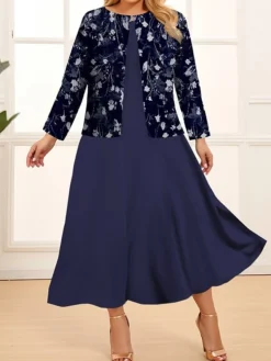 Women's Plus Size Curve Two Piece Dress Set Casual Dress Swing Dress Outdoor Office Fashion Streetwear Print Midi Dress Crew Neck Long Sleeve Floral Wine Navy Blue Royal Blue Spring Fall L XL -HANs Plus Size Style Shop eysbgu1691999594450