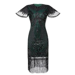 Women's Retro 1920s Fringe Dress Midi Dress Party Halloween Sequins Tassel Fringe Floral V Neck Short Sleeve Regular Fit Spring Fall 2023 Silver Black S M L XL -HANs Plus Size Style Shop eyuxyv1692849709333