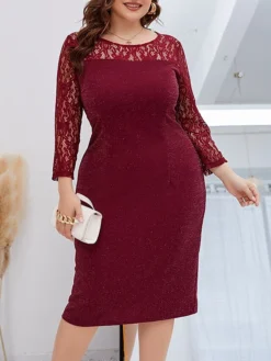 Women‘s Plus Size Curve Party Dress Lace Dress Cocktail Dress Midi Dress Wine Long Sleeve Pure Color Lace Spring Fall Winter Crew Neck Fashion Winter Dress Birthday Wedding Guest 2023 -HANs Plus Size Style Shop eyvpkg1691999689254