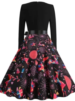 Women's Christmas Casual Dress Swing Dress Vintage Dress Midi Dress Black Wine Orange Long Sleeve Animal Bow Winter Fall Autumn V Neck 2022 S M L XL XXL 3XL -HANs Plus Size Style Shop eyxfun1666853154237