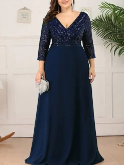 Women's Plus Size Curve Party Dress Sequin Dress Chiffon Dress Plain Long Dress Maxi Dress 3/4 Length Sleeve Patchwork V Neck Fashion Party Navy Blue Fall Winter L XL XXL 3XL 4XL