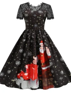 Women's Christmas Knee Length Dress Blue Purple Wine Green Black Red Short Sleeve Print Lace Print Fall Winter Round Neck CasualRegular Fit 2021 S M L XL XXL 3XL -HANs Plus Size Style Shop ezgdsf1632737573690