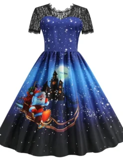 Women's Christmas Knee Length Dress Blue Purple Wine Green Black Red Short Sleeve Print Lace Print Fall Winter Round Neck CasualRegular Fit 2021 S M L XL XXL 3XL -HANs Plus Size Style Shop ezpwnf1632737571204