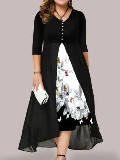 Women‘s Plus Size Curve Holiday Dress Floral V Neck Ruched Half Sleeve Spring Fall Work Elegant Formal Midi Dress Work Dress Print