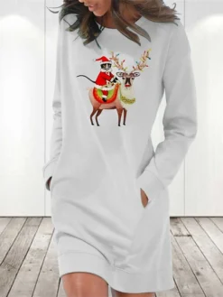 Women‘s Christmas Hoodie Dress Winter Dress Light Blue Grey White Long Sleeve Santa Claus Elk Pocket Print Winter Fall Crew Neck Stylish Casual 2022 S M L XL 2XL / Cotton -HANs Plus Size Style Shop eztusk1666692065011