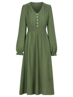 Women's Casual Dress Plain Dress Empire Waist Dresses Midi Dress Pleated Button Street Daily Holiday Fashion Streetwear V Neck Long Sleeve 2023 Loose Fit Black Blue Army Green Color S M L XL Size -HANs Plus Size Style Shop fajnhm1691148148726