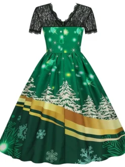 Women's Christmas Swing Dress Vintage DressKnee Length Dress Green Wine Dark Green Fuchsia Red Black Short Sleeve Santa Claus Snowman Snowflake Lace Print Fall Winter V Neck Vacation Vintage 2022 S -HANs Plus Size Style Shop fazizn1665293366102