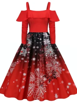 Women's Christmas Swing Dress Slip Dress Vintage Dress Midi Dress Black Wine Light Red Long Sleeve Santa Claus Cold Shoulder Winter Fall Autumn Spaghetti Strap Modern Vacation 2022 S M L XL XXL 3XL -HANs Plus Size Style Shop fbrozw1667793479440