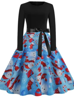 Women's Christmas Vintage Dress Green Black Light Red Red Light Blue Long Sleeve Print Print Winter Fall Crew Neck Vintage 2022 S M L XL 2XL 3XL -HANs Plus Size Style Shop fbxnpg1667467148391