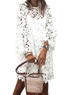 Women‘s Sheath Dress Mini Dress White Red Long Sleeve Solid Color Lace Hollow To Waist Spring Summer Round Neck Elegant Romantic Flare Cuff Sleeve 2023 S M L XL XXL -HANs Plus Size Style Shop fbyvoc1635393472767