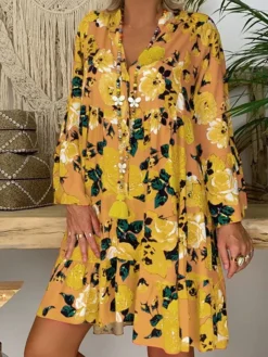 Women‘s Plus Size Curve Casual Dress Floral V Neck Print Long Sleeve Fall Spring Casual Short Mini Dress Daily Vacation Dress -HANs Plus Size Style Shop fcaiyd1660643932586