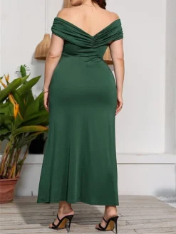 Women‘s Plus Size Curve Party Dress Sheath Dress Formal Dress Solid Color Long Dress Maxi Dress Short Sleeve Twist Split Off Shoulder Fashion Party Black Red Summer Spring L XL XXL 3XL 4XL -HANs Plus Size Style Shop fccmji1677828188748