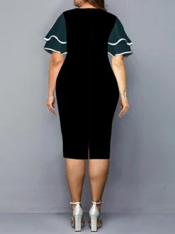 Women‘s Plus Size Curve Work Dress Bodycon Sheath Dress Color Block Midi Dress Half Sleeve Ruffle Crew Neck Fashion Outdoor Wine Red Fall Spring XL XXL 3XL 4XL 5XL -HANs Plus Size Style Shop fcejwb1673251733764