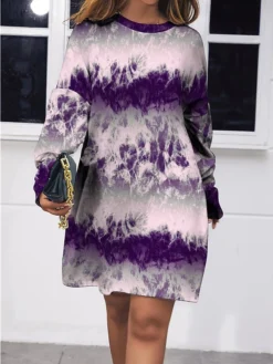 Women's Casual Dress Sweatshirt Dress Mini Dress Warm Fashion Outdoor Holiday Vacation Crew Neck Pocket Print Graphic Loose Fit Blue Purple Green S M L XL XXL -HANs Plus Size Style Shop fchwzg1696943364585