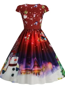 Women's Christmas Swing Dress Vintage DressKnee Length Dress Blue Wine Red Light BlueShort Sleeve Santa Claus Snowman Tree Print Fall Winter Square Neck Vintage Elegant Slim 2022 S M L XL -HANs Plus Size Style Shop fcxnay1665475228950