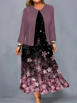 Women's Plus Size Curve Casual Dress Dress Set Two Piece Dress Floral Midi Dress Long Sleeve Print Crew Neck Fashion Outdoor Deep Purple Purple Fall Winter L XL XXL 3XL 4XL -HANs Plus Size Style Shop fdazyl1695362850325