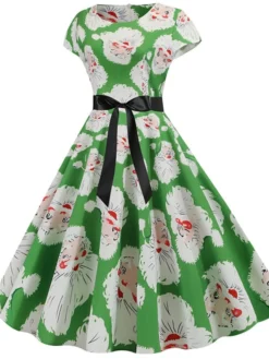 Women's Christmas Knee Length Dress Purple Wine Gray White Black Red Light Green Short Sleeve Print Bow Print Fall Winter Round Neck Casual Vintage2021 S M L XL XXL -HANs Plus Size Style Shop fdcqkn1630046098459