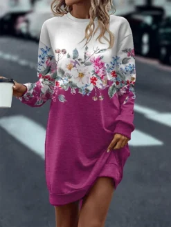Women's Sweatshirt Dress Casual Dress Mini Dress Warm Fashion Outdoor Vacation Going Out Crew Neck Print Floral Regular Fit Red Blue Fuchsia S M L XL XXL
