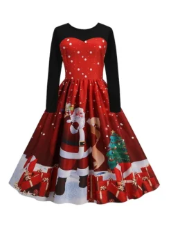 Women‘s Christmas Retro Elegant Vintage Dress Midi Dress Party Ruched Patchwork Santa Claus Crew Neck Long Sleeve Regular Fit Fall Winter 2023 Black Red S M L XL -HANs Plus Size Style Shop fdikab1694426162152
