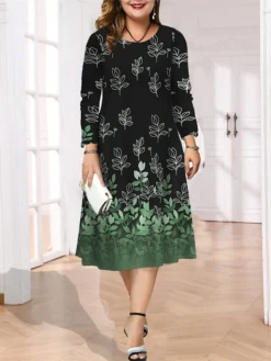 Women's Plus Size Curve Casual Dress Skater Dress A Line Dress Leaf Gradient Midi Dress Long Sleeve Print Crew Neck Fashion Outdoor Deep Purple Deep Green Fall Winter L XL XXL 3XL 4XL -HANs Plus Size Style Shop fdiwvv1695713740273