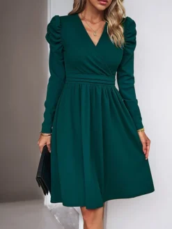 Women's Casual Dress Plain Dress Empire Waist Dresses Midi Dress Ruched Outdoor Daily Holiday Fashion Modern V Neck Long Sleeve 2023 Regular Fit Black Green Khaki Color S M L XL Size -HANs Plus Size Style Shop fdjhqk1692081757763