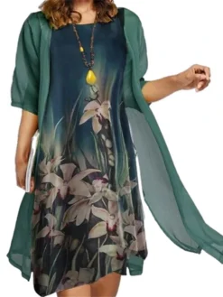 Women‘s Plus Size Curve Casual Dress Dress Set Two Piece Dress Floral Midi Dress Half Sleeve Print Crew Neck Fashion Daily Yellow Blue Summer Spring L XL XXL 3XL 4XL -HANs Plus Size Style Shop fdsnia1679308940322