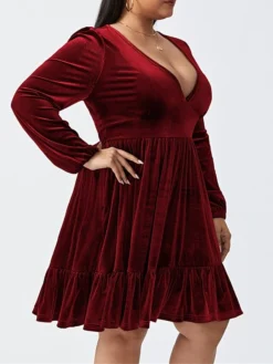Women‘s Plus Size Curve Party Dress Velvet Dress Cocktail Dress Mini Dress Black Wine Royal Blue Long Sleeve Pure Color Ruched Spring Fall Winter V Neck Fashion Birthday Wedding Guest Vacation 2023 -HANs Plus Size Style Shop fdvbsn1692176733286