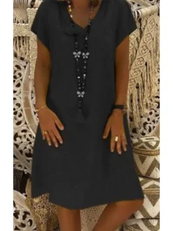 Women's Casual Dress T Shirt Dress Tee Dress Shift Dress Midi Dress Black Yellow Pink Short Sleeve Pure Color Patchwork Summer Spring V Neck Basic Vacation Summer Dress Spring Dress Loose Fit 2022 S -HANs Plus Size Style Shop fdvdrq1607568625973