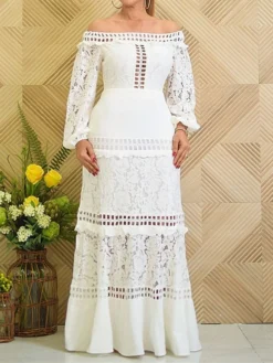 Women‘s Plus Size Curve Flattering Dresses Elegant Apple Shaped Dress Wedding Guest Party Dress Print Off Shoulder Ruffle Long Sleeve Spring Fall Prom Dress Maxi Long Dress Party Going Out Dress Lace -HANs Plus Size Style Shop fdvvkm1659508710196