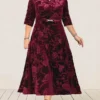 Women‘s Plus Size Curve Party Dress Cocktail Dress Wedding Guest Dress Midi Dress Wine Blue Purple 3/4 Length Sleeve Pure Color Jacquard Spring Fall Winter V Neck Fashion Winter Dress Wedding Guest