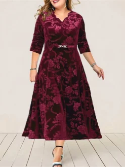 Women‘s Plus Size Curve Party Dress Cocktail Dress Wedding Guest Dress Midi Dress Wine Blue Purple 3/4 Length Sleeve Pure Color Jacquard Spring Fall Winter V Neck Fashion Winter Dress Wedding Guest