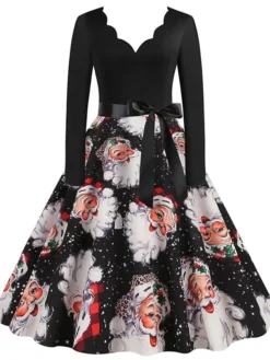 Women's Christmas Swing Dress Vintage DressKnee Length Dress Blue Red Navy Blue Black Long Sleeve Plaid Santa Claus Elk Bow Print Fall Winter V Neck Vacation Vintage 2022 S M L XL XXL 3XL -HANs Plus Size Style Shop feabvc1665293396273